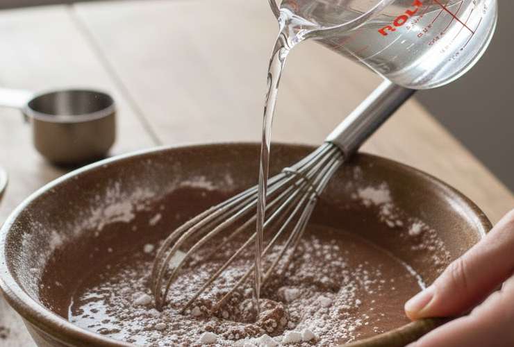 Uniamo l’acqua a temperatura poco alla volta, mescolando con una frusta per evitare la formazione di grumi;