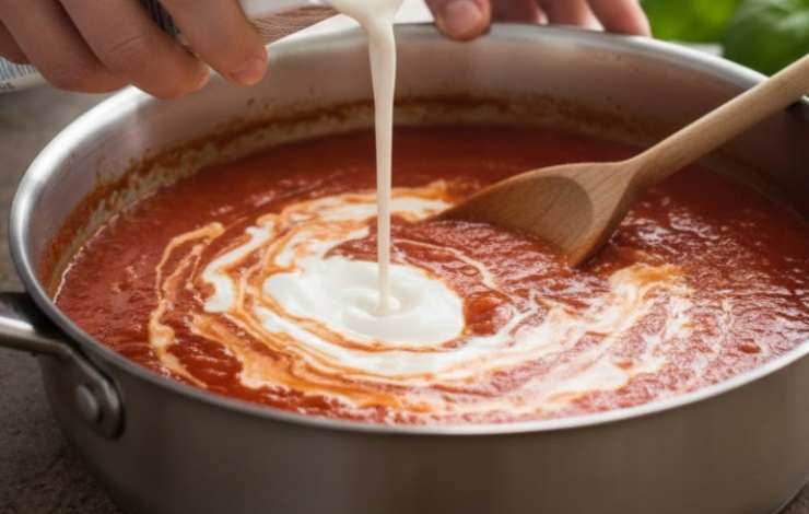 Mentre la passata di pomodoro è ancora calda riversiamo all’interno la panna da cucina. Rimescoliamo per amalgamare i due composti e controlliamo il sale;