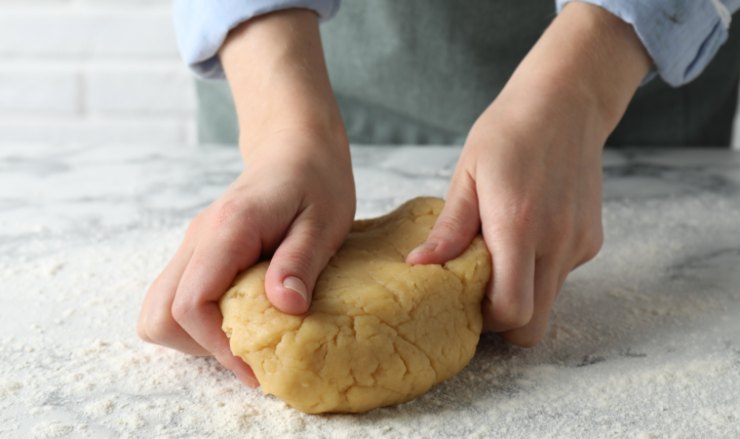 Iniziamo dalla frolla riversando zucchero, metà della farina e lievito in un frullatore. Accorpiamo il pizzico di sale e il burro a tocchetti e lavoriamo fino ad ottenere un composto bricioloso. Spostiamo il composto su un piano da lavoro e scaviamo per creare un cratere: all’interno rompiamo due uova e iniziamo ad impastare aggiungendo il resto della farina fino ad ottenere un panetto omogeneo e compatto;