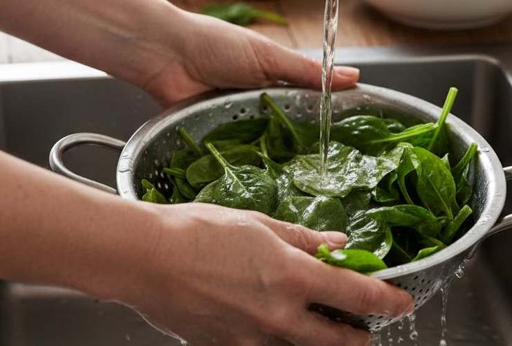 Il primo passaggio da compiere è pulire gli spinaci: andiamo quindi a lavarli e ad eliminare le radici o eventuali foglie ingiallite o rovinate. Una volta ben lavati dobbiamo sgocciolare con cura gli spinaci sistemandoli in uno scolapasta con un piatto sopra a fare pressione;&nbsp;