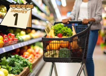 donna con carrello della spesa al supermercato