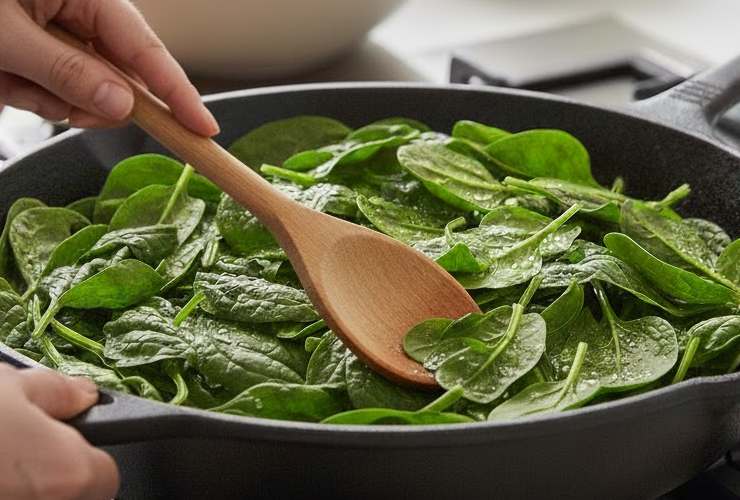 A questo punto riversiamo gli spinaci in una padella antiaderente e portiamo sul fuoco a fiamma dolce. Lasciamo andare la cottura per una decina di minuti senza condimento, rimescolando di tanto in tanto;