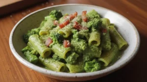 un piatto di pasta con crema di broccoli e guanciale croccante, una spolverata di pecorino grattugiato rende tutto più profumato e gustoso