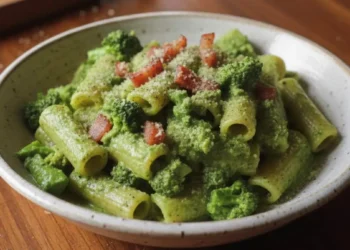 un piatto di pasta con crema di broccoli e guanciale croccante, una spolverata di pecorino grattugiato rende tutto più profumato e gustoso