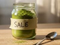 Barattolo di vetro con polvere essiccata fatto in casa, etichetta scritta a mano, sostituto naturale del sale.