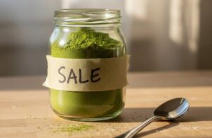 Barattolo di vetro con polvere essiccata fatto in casa, etichetta scritta a mano, sostituto naturale del sale.