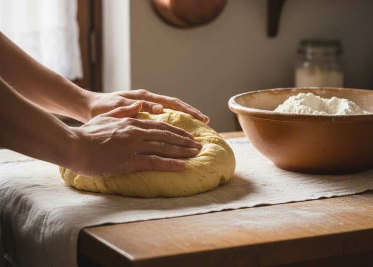 Aggiungete gradualmente la farina ed impastate ora con le mani fino ad ottenere un panetto morbido e liscio. Dividete l’impasto in pezzi più piccoli e formate dei serpentelli delle dimensioni che preferite con le mani.&nbsp;