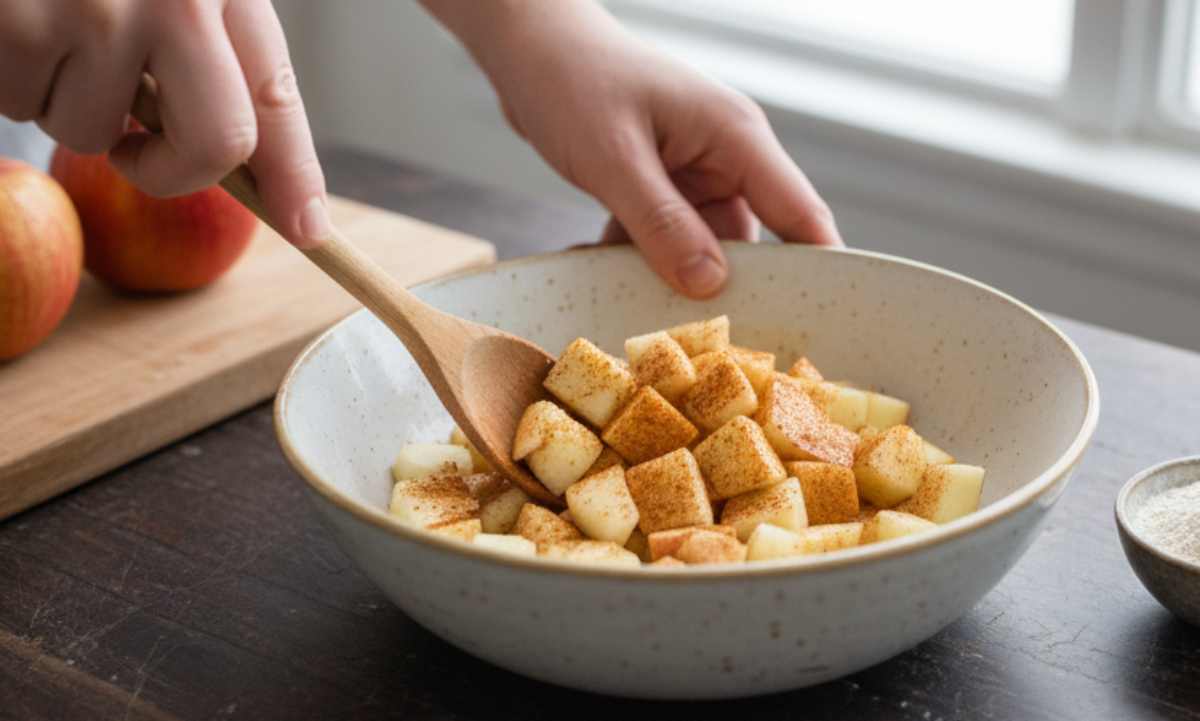 Sbucciate le mele e tagliatele a cubetti piccoli, poi irroratele con il succo di limone ed abbondante cannella: mescolate e mettete da parte. In una ciotola, sbattete l’uovo con lo sciroppo d’acero o il miele, aggiungete la farina di avena ed il lievito poco alla volta, mescolando fino ad ottenere una crema densa.
