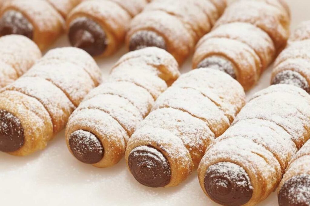 cannoli di pasta sfoglia con cioccolato e ricoperti di zucchero a velo