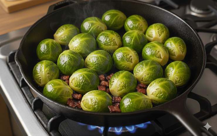 Disponete i cavoletti in padella con la parte tagliata rivolta verso il basso. Lasciateli rosolare a fiamma medio alta per 3/4 minuti senza muoverli: devono creare una crosticina dorata in superficie.