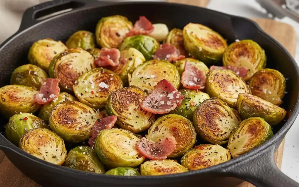 Cavoletti di Bruxelles rosolati in padella con pancetta croccante serviti in un piatto scuro
