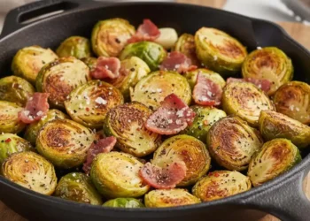 Cavoletti di Bruxelles rosolati in padella con pancetta croccante serviti in un piatto scuro