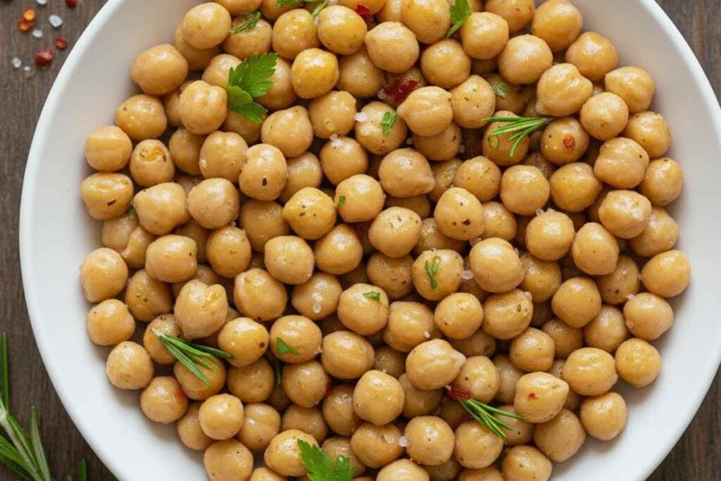 piatto con ceci cotti in padella e aromatizzati