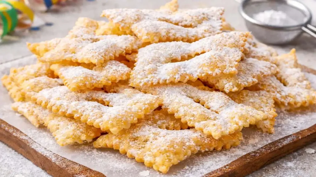 Chiacchiere di Carnevale fatte in casa croccanti e piene di bolle, spolverizzate con zucchero a velo.