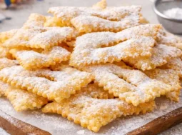 Chiacchiere di Carnevale fatte in casa croccanti e piene di bolle, spolverizzate con zucchero a velo.
