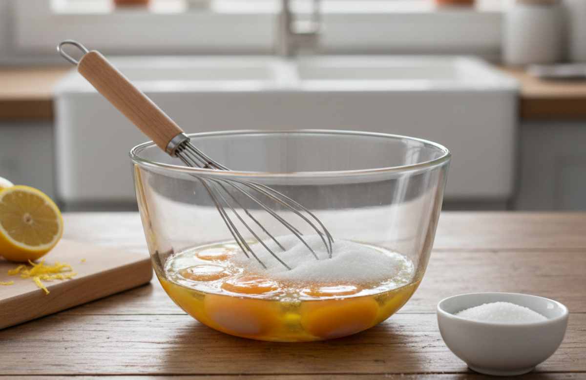 In una ciotola capiente, lavorate le uova con lo zucchero ed il pizzico di sale usando le fruste elettriche per almeno 7/8 minuti, finché il composto diventa chiaro e spumoso. Versate a filo l’olio di semi e poi lo yogurt, continuando a mescolare a bassa velocità per non smontare il composto. Aggiungete ora anche la scorza di limone.