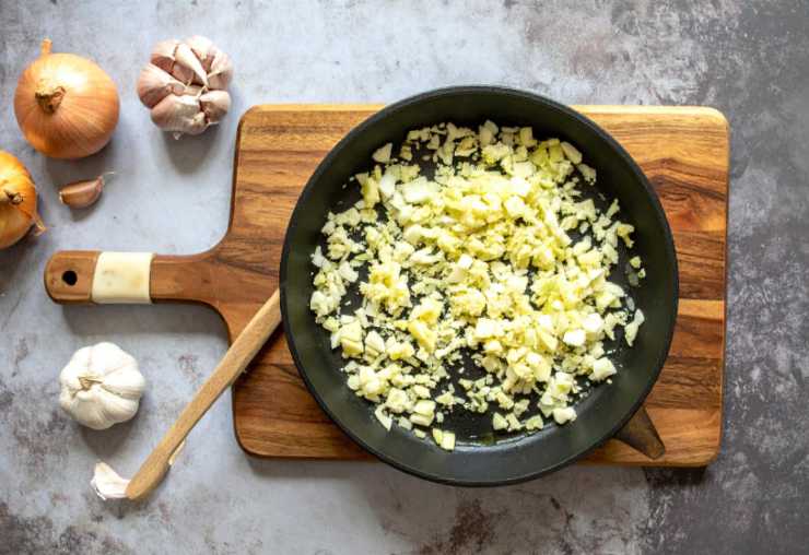 Sbucciamo la cipolla e tagliamola a fettine sottili, quindi rosoliamo l’aglio in una padella capiente in cui avremo riversato due cucchiai di olio d’oliva;