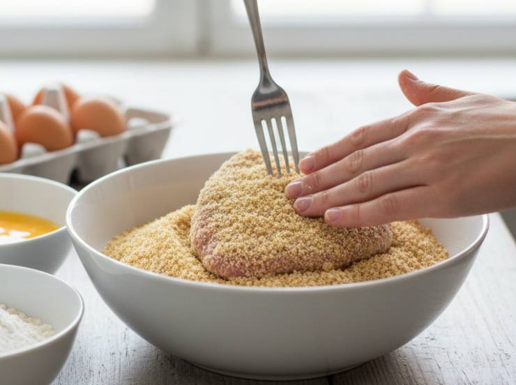 Iniziate battendo leggermente le fette di carne di vitello, senza sfibrarle. Salate appena e passate ogni fetta nella farina 00, scuotendole delicatamente per eliminare l’eccesso. Immergetele nelle uova sbattute con un pizzico di sale e fate scolare il di più. Infine passatele nel pangrattato facendolo aderire su tutta la superficie.