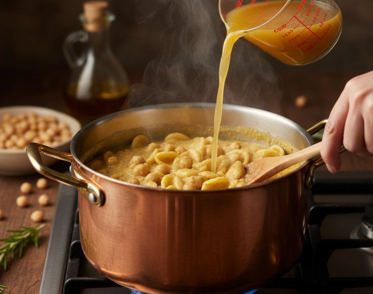 Salate leggermente e cuocete per 10 minuti, poi prelevate circa metà dei ceci con un po’ di liquido e frullateli con un mixer ad immersione fino ad ottenere una crema liscissima. Versatela nella pentola e calate la pasta direttamente nella pentola con i ceci e la crema. Aggiungete acqua o brodo bollente poco alla volta, come se fosse un risotto, mescolando spesso.