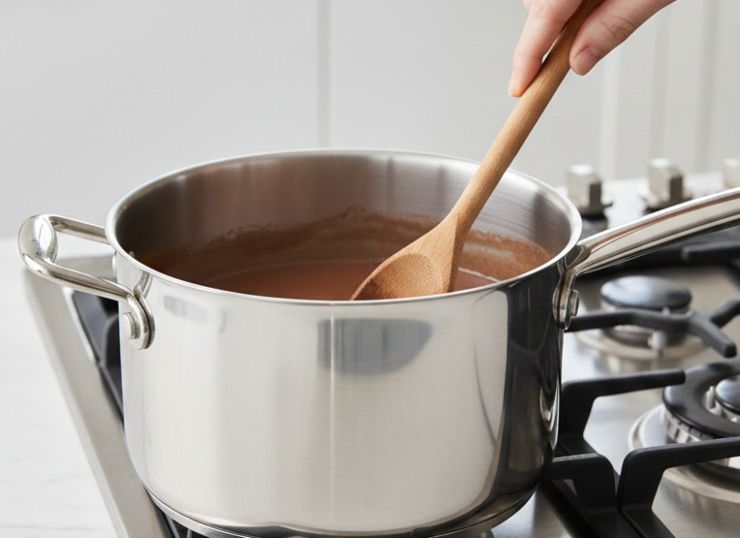 Ora trasferite la pentola sul piano cottura e cuocete a fiamma bassa finché la crema non vela il cucchiaio. Fatto ciò spegnete il fuoco ed aggiungete il cioccolato tritato e il burro, mescolando finché saranno sciolti. A questo punto, versate il cucchiaino di Liquore Strega (facoltativo) e l’estratto di vaniglia. Mescolate energicamente per incorporare i profumi.