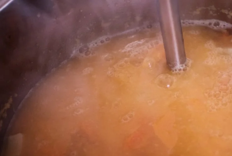 Se serve aggiungiamo man mano altro brodo caldo. Quando la zucca sarà tenera usiamo un frullino a immersione per ridurre in crema. Lasciamo assorbire il brodo in eccesso togliendo il coperchio e lasciando sobbollire ancora pochi minuti;
