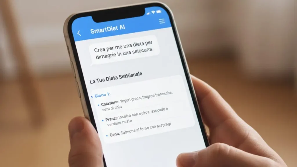 una persona ccon in mano uno smartphone che analizza una dieta fatta con Intelligenza Artificiale
