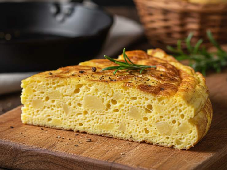 Questo passaggio è fondamentale per farla staccare perfettamente dai bordi e stabilizzare l’altezza evitando di farla sgonfiare. Fate scivolare la frittata lentamente su un piatto da portata o un tagliere. Noterete che è altissima, dorata fuori e morbidissima dentro, non resta che assaggiarla subito!