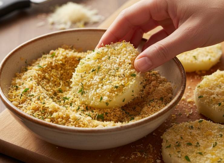 Prendete ora una ciotola, mescolate insieme il pangrattato, il parmigiano reggiano grattugiato, la scorza di limone e le erbe aromatiche. Passate le fette di finocchio ancora umide nel mix di pangrattato, premendo bene con le dita per farlo aderire su entrambi i lati.