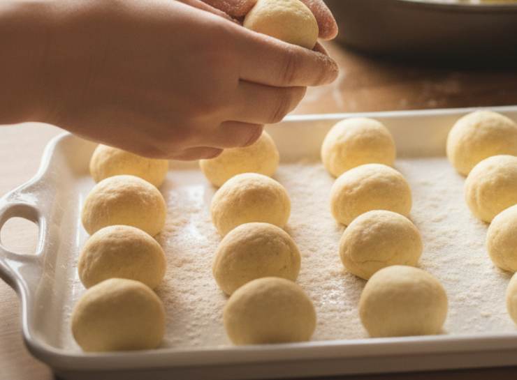 Prelevate piccoli pezzi di impasto e formate delle palline di circa 2/3 centimetri di diametro. Disponetele su un vassoio leggermente infarinato, quindi scaldate l’olio in una padella profonda e quando sarà ben caldo (circa 170/180 gradi).