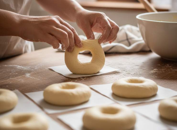 Fatto ciò coprite con la pellicola, possibilmente avvolgete con coperte di lana come da tradizione e lasciate lievitare circa 4/6 ore in un luogo asciutto e lontano da correnti. Quando l’impasto sarà raddoppiato, create delle palline da 70 grammi, praticate un buco al centro allargandolo delicatamente con le dita (eventualmente aiutandovi con poca farina se l’impasto è troppo appiccicoso) e mettete ogni ciambella su un quadrato di carta forno.