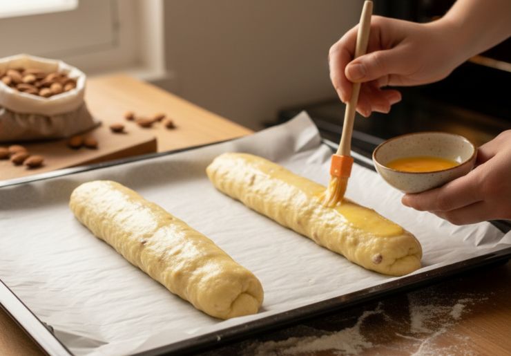 Infarinate leggermente il piano di lavoro, dividete l’impasto in due parti e formate due filoncini lunghi e stretti (circa 3/4 centimetri di larghezza). Adagiateli su una teglia foderata con carta forno, distanziandoli tra loro perché cresceranno in cottura e spennellateli con il tuorlo d’uovo sbattuto. Cuocete in forno statico preriscaldato a 180 gradi per circa 20 minuti: i filoncini dovranno risultare dorati in superficie ma ancora leggermente morbidi al tatto.