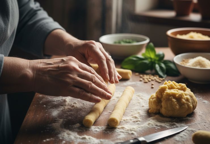 Formate una fontana con la purea di patate e aggiungete il sale, l’uovo e gradualmente la farina. Lavorate l’impasto velocemente e con delicatezza, giusto il tempo di amalgamare gli ingredienti. L’errore da evitare è impastare troppo, altrimenti gli gnocchi diventeranno duri. Prendete piccole porzioni di impasto e formate dei “serpentelli” dello spessore di circa 2 centimetri.