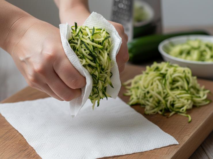 Lavate le zucchine e grattugiatele con una grattugia a fori larghi: strizzatele bene con le mani o tra due fogli di carta assorbente per eliminare l’acqua di vegetazione. Questo eviterà che la frittata resti bagnata sul fondo.
