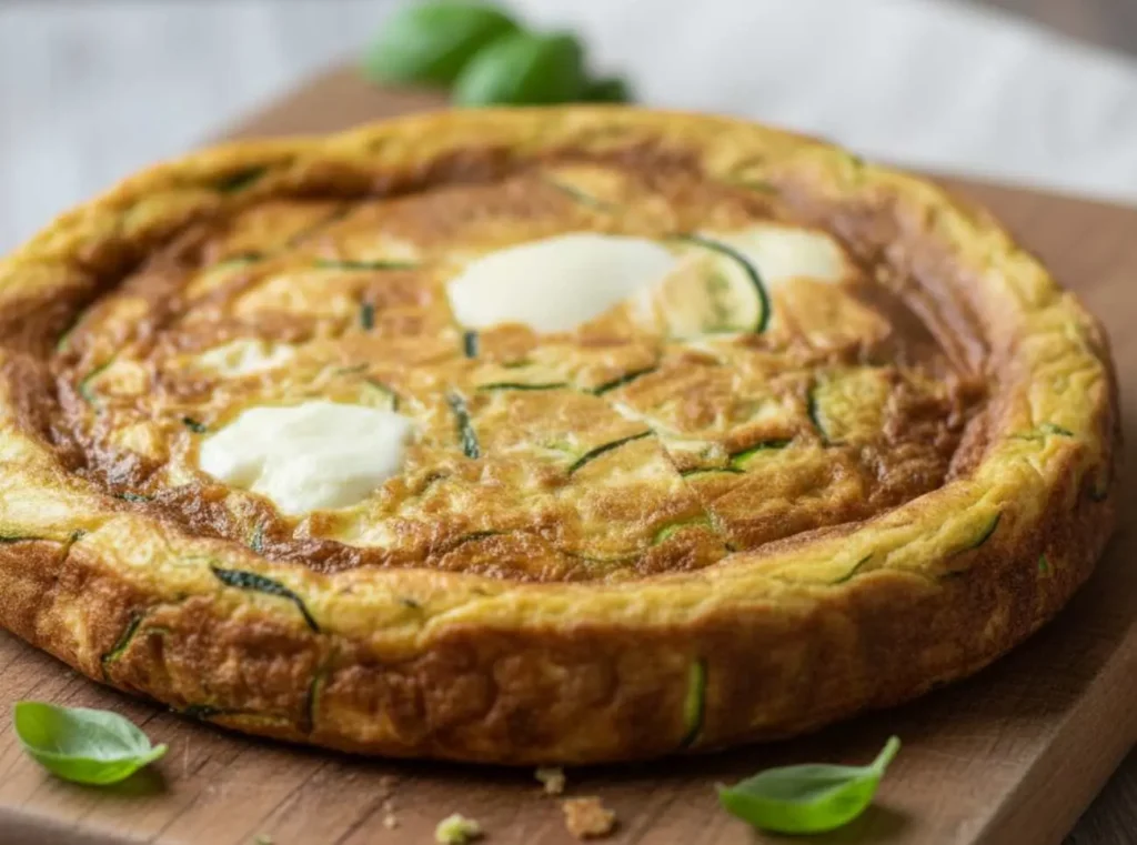 Frittata al forno alta e soffice con zucchine grattugiate e mozzarella filante, servita su un tagliere di legno