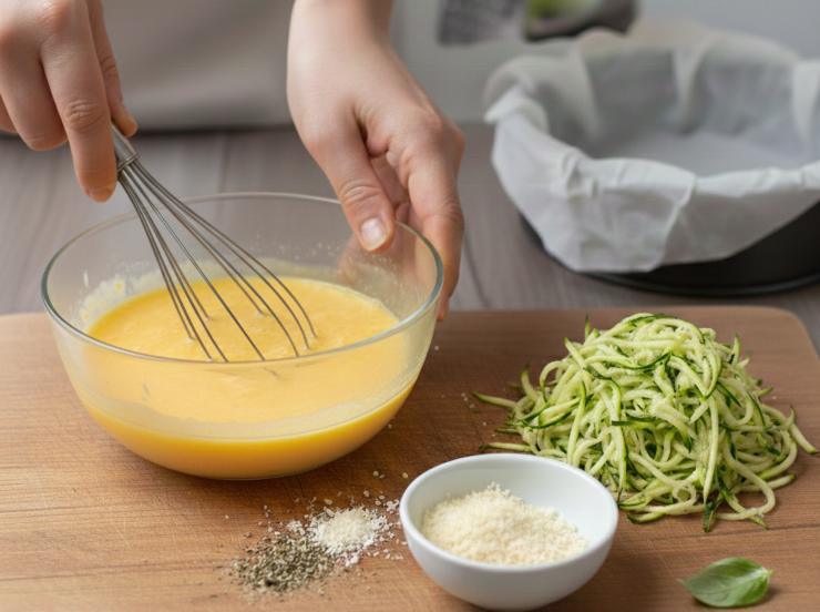 Fatto ciò prendete una ciotola, sbattete le uova con il parmigiano, il sale, il pepe e le erbe aromatiche, poi unite le zucchine strizzate e mescolate bene. Foderate una teglia di circa 20/22 centimetri con carta da forno, versate il composto di uova e zucchine e distribuite in superficie la mozzarella tagliata a cubetti.