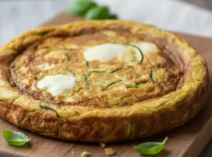 Frittata al forno alta e soffice con zucchine grattugiate e mozzarella filante, servita su un tagliere di legno