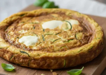 Frittata al forno alta e soffice con zucchine grattugiate e mozzarella filante, servita su un tagliere di legno