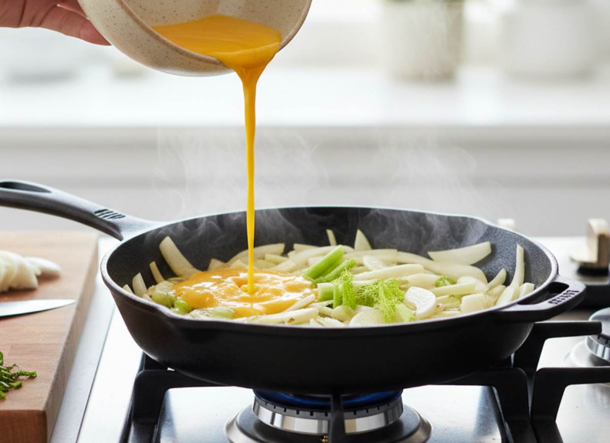 Unite le barbe dei finocchi tritate finemente: daranno un profumo incredibile simile all’anice. Versate ora le uova nella padella con i finocchi, coprite con un coperchio e cuocete a fiamma bassissima: il vapore aiuterà la frittata a gonfiarsi senza bruciare il fondo. Quando la superficie sarà quasi rappresa, giratela finché non sarà dorata su entrambi i lati. Servitela subito!