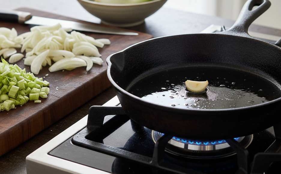 Iniziate lavando bene i finocchi: tagliate i cuori a fettine sottili, ma non buttate i gambi. Affettateli a rondelle piccolissime e tenete da parte le barbette verdi per la fine. In una padella antiaderente, scaldate un po’ d’olio extra vergine d’oliva e fate soffriggere l’aglio.