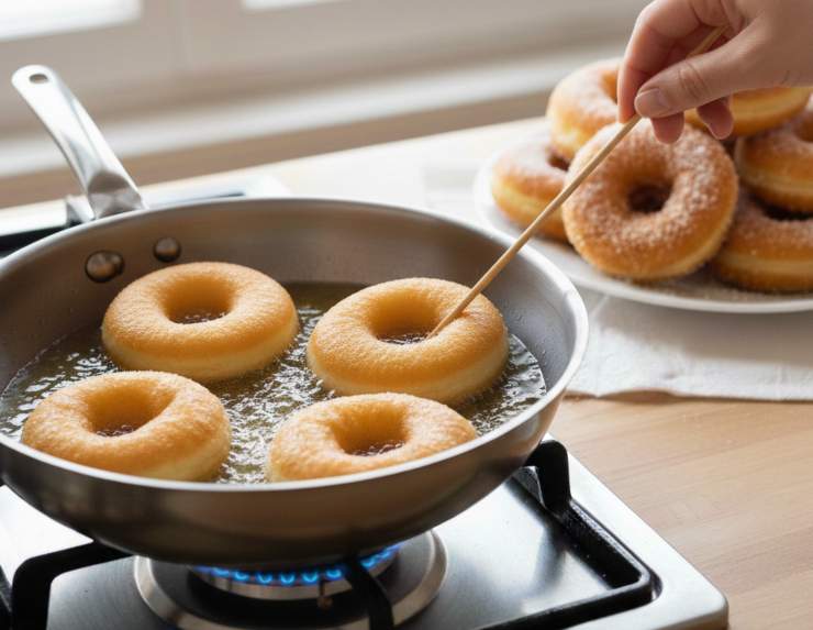 Friggete i vostri Fatti Fritti lentamente, dovranno essere girati una volta sola usando gli stecchini di legno per spiedini immersi all’interno del buchetto centrale. Scolateli su carta assorbente e passateli nello zucchero semolato ancora caldi: gustateli subito!