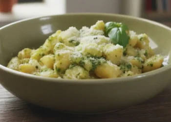 Piatto di gnocchi di patate fatti a mano conditi con pesto di basilico fresco ricetta Nonna Lalla