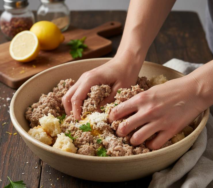 Quando lo prelevate, non strizzatelo, ma lasciate il pane ben umido. Aggiungetelo alla carne insieme alle uova, il parmigiano grattugiato, il prezzemolo tritato fresco ed un po’ di scorza grattugiata di limone. Regolate di sale e pepe, ma con moderazione perché la carne avanzata è già saporita ed impastate bene con le mani finché il composto sarà omogeneo e morbido.