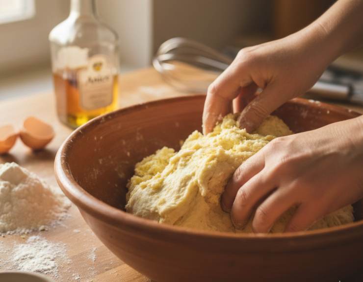 In una ciotola capiente, sbattete le uova con lo zucchero fino a ottenere un composto chiaro. Aggiungete il burro fuso, la scorza di limone e il liquore (se lo usate). Setacciate la farina con il lievito ed un pizzico di sale, quindi unitela al composto di uova poco alla volta, impastando fino a ottenere un impasto morbido ma non appiccicoso.