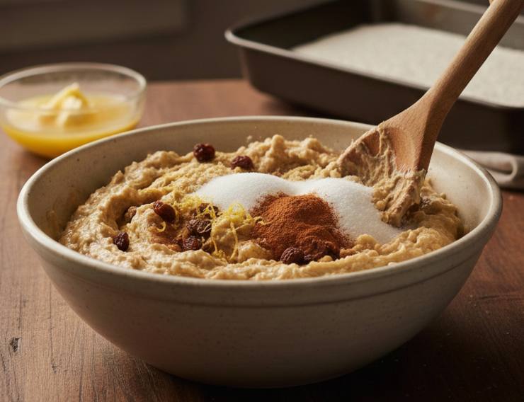 Schiacciate il pane con una forchetta per renderlo omogeneo. Aggiungete ora le uova leggermente sbattute, lo zucchero, il burro fuso, la cannella, la scorza di limone, l’uvetta strizzata e le mele a cubetti. Mescolate molto bene, a questo punto imburrate ed infarinate una teglia: versate il composto e livellate con il dorso di un cucchiaio.