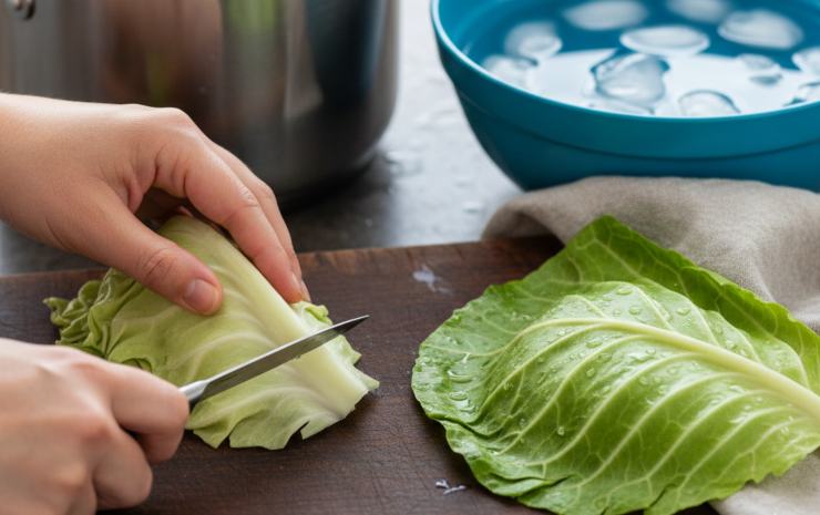 Iniziate rimuovendo la parte finale della costa centrale dalle foglie di verza ovvero la parte più dura. Tuffatele in acqua bollente salata per 3 minuti, oi scolatele e passatele subito in acqua ghiacciata per fissare il colore e la consistenza. Asciugatele bene su un panno pulito e preparate il ripieno.