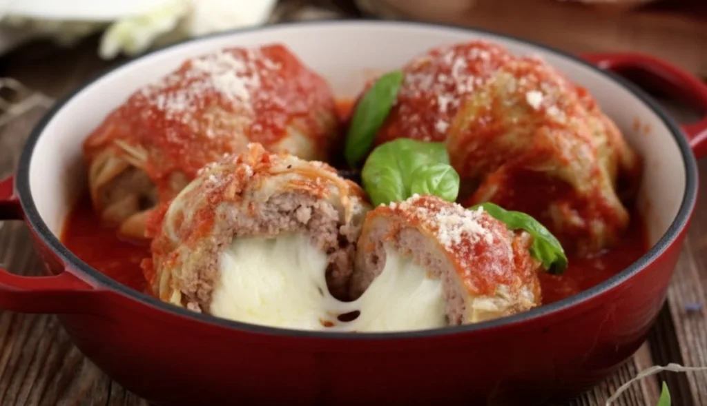 Piatto di involtini di verza al sugo di pomodoro con cuore di mozzarella filante, guarnito con basilico fresco