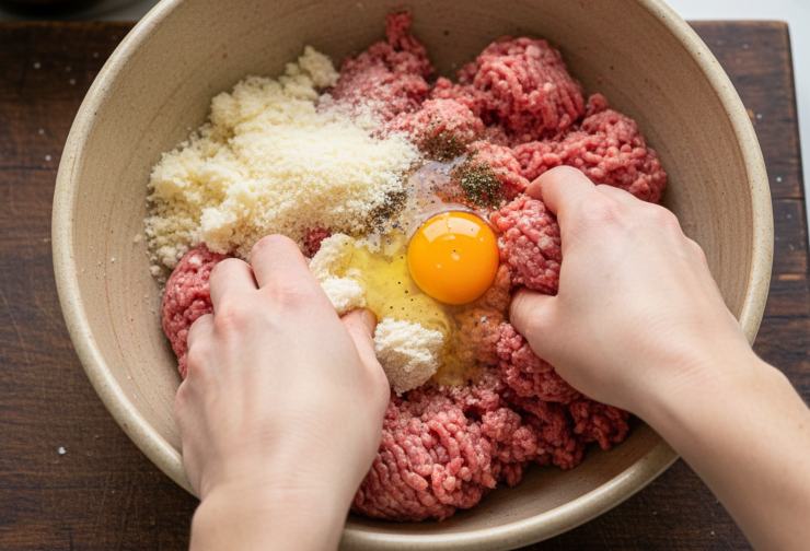 In una ciotola lavorate il macinato con l’uovo, il parmigiano, il pane ammollato e strizzato, sale ed un pizzico di pepe. Mescolate bene finché il composto sarà omogeneo, quindi create gli involtini.&nbsp;