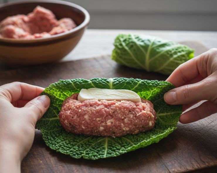 Stendete una foglia di verza, mettete al centro una generosa cucchiaiata di carne e posizionate al centro un bastoncino di mozzarella ben sgocciolata. Arrotolate la foglia su se stessa chiudendo bene i lati per non far uscire il formaggio in cottura.