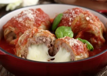 Piatto di involtini di verza al sugo di pomodoro con cuore di mozzarella filante, guarnito con basilico fresco