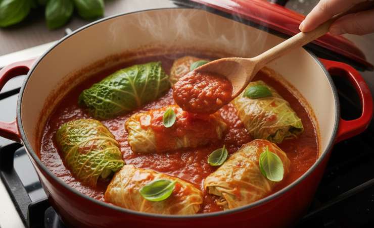 Adagiate delicatamente gli involtini nella casseruola con il pomodoro: coprite con il coperchio e lasciate cuocere a fuoco dolce per 20/25 minuti. Di tanto in tanto, irrorate gli involtini con il sugo usando un cucchiaio. Terminata la cottura, guarnite con un po’ di basilico fresco e servite subito!